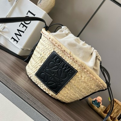 Loewe Drawstring Bucket Bag in Palm Leaf and Black Calfskin