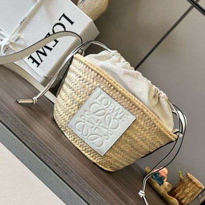 Loewe Drawstring Bucket Bag in Palm Leaf and White Calfskin