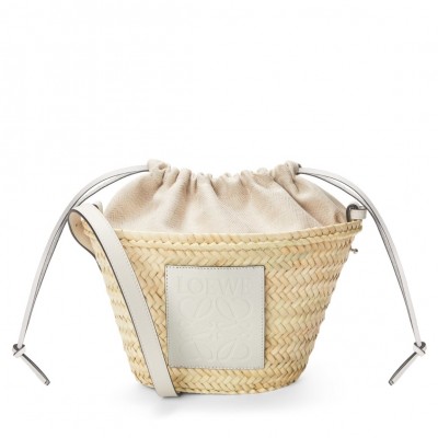 Loewe Drawstring Bucket Bag in Palm Leaf and White Calfskin