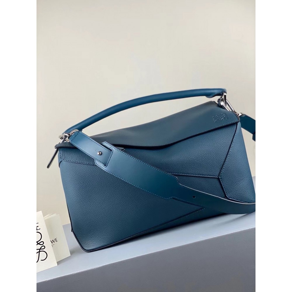 Loewe Large Puzzle Bag In Blue Grained Leather