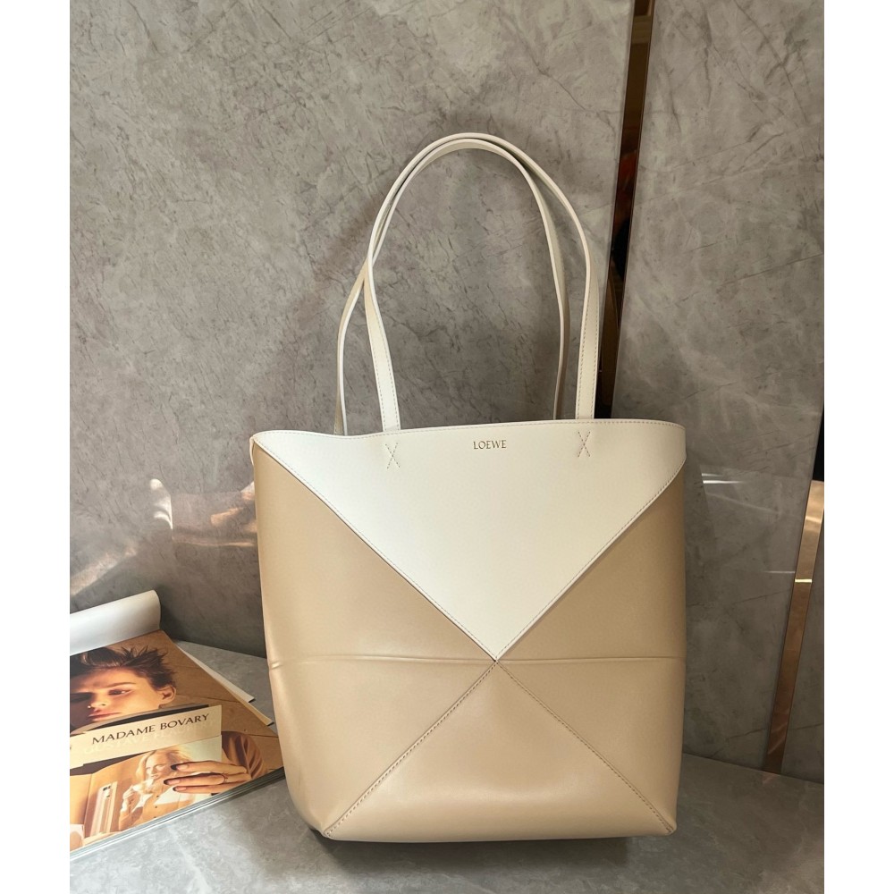 Loewe Medium Puzzle Fold Tote Bag in White/Beige Calfskin