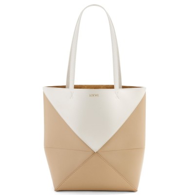 Loewe Medium Puzzle Fold Tote Bag in White/Beige Calfskin