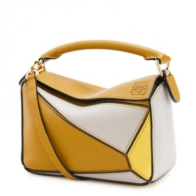 Loewe Mini Puzzle Bag In Ochre/White/Yellow Calfskin