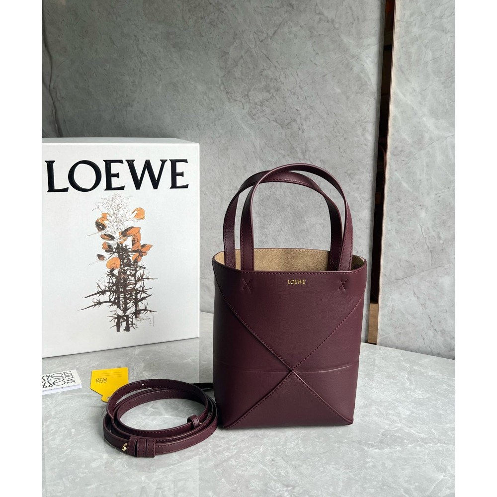 Loewe Mini Puzzle Fold Tote Bag in Bordeaux Calfskin