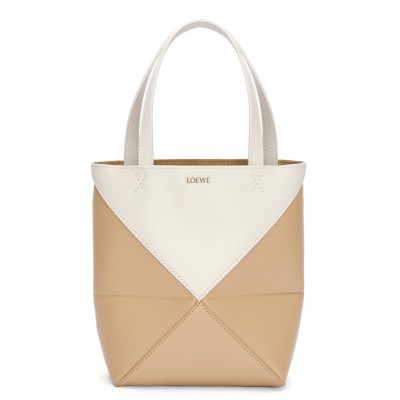 Loewe Mini Puzzle Fold Tote Bag in White/Beige Calfskin