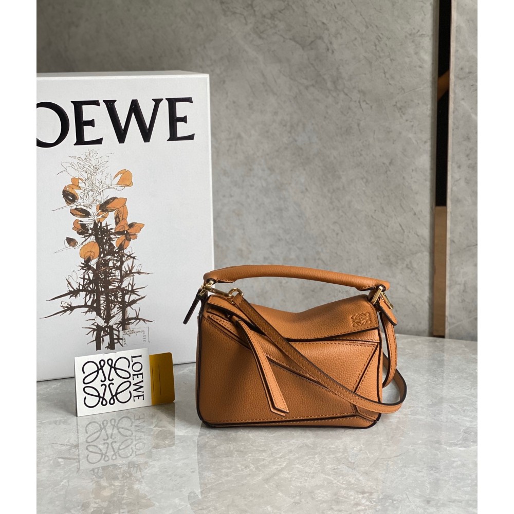 Loewe Puzzle Mini Bag In Brown Grained Calfskin