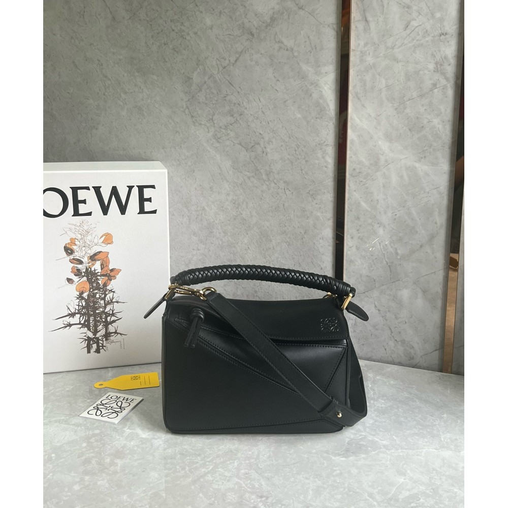 Loewe Puzzle Small Bag in Black Calfskin with Woven Handle