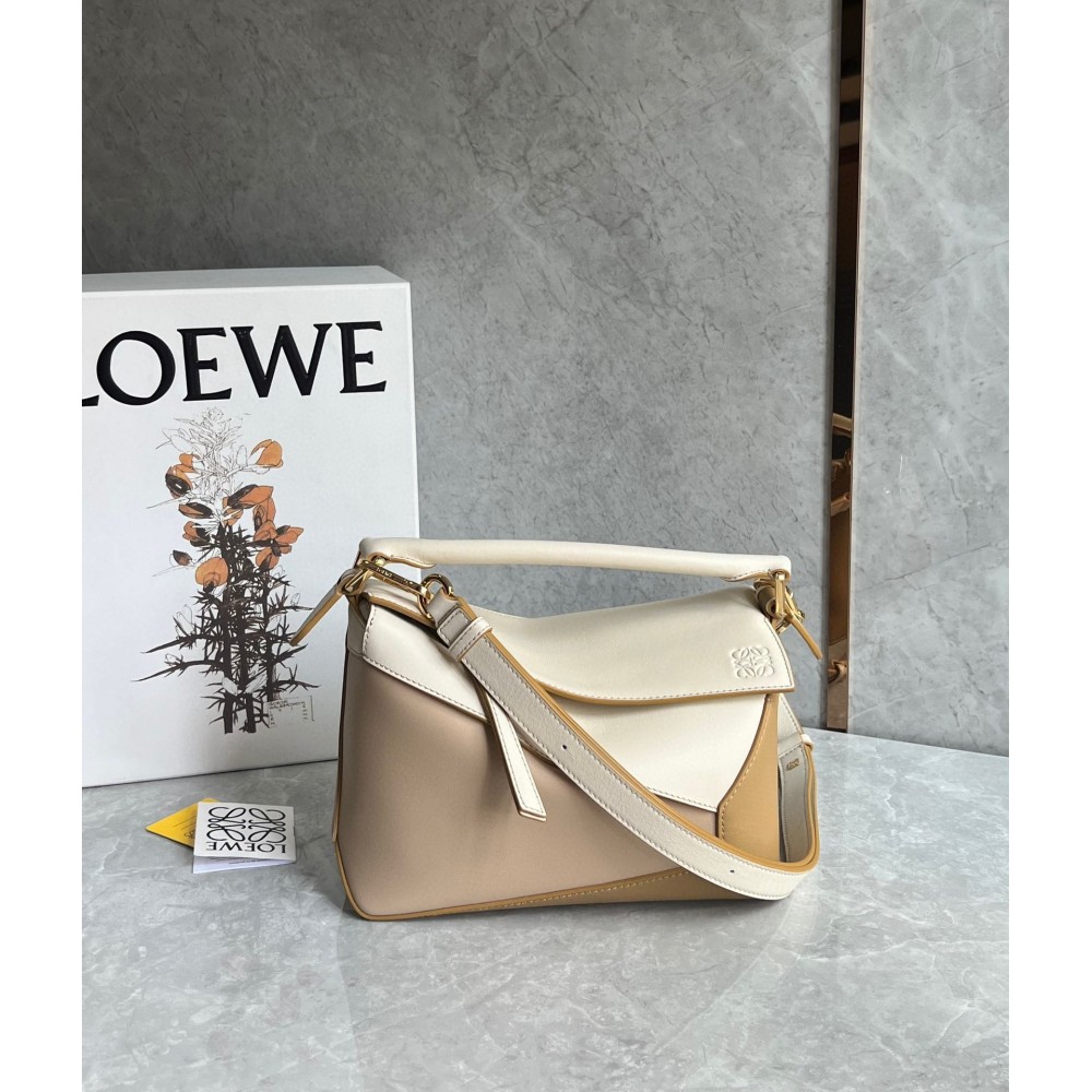 Loewe Puzzle Small Bag in Multicolor Angora and Beige Calfskin