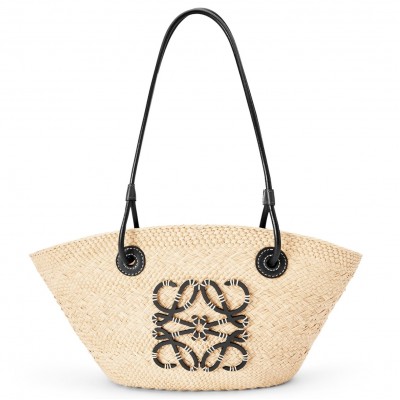 Loewe Small Anagram Basket Bag in Iraca Palm and Black Calfskin