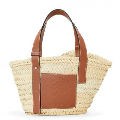 Loewe Small Basket Bag in Raffia and Brown Calfskin