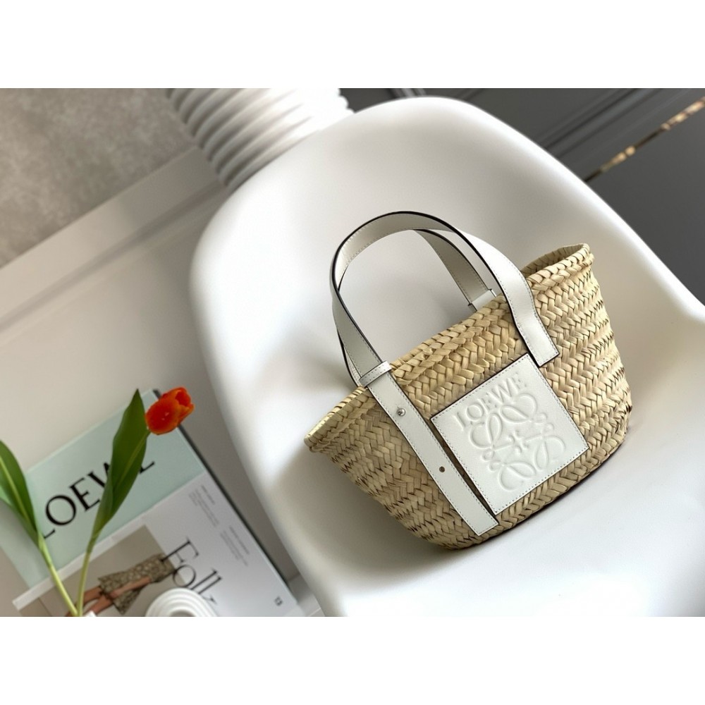 Loewe Small Basket Bag in Raffia and White Calfskin