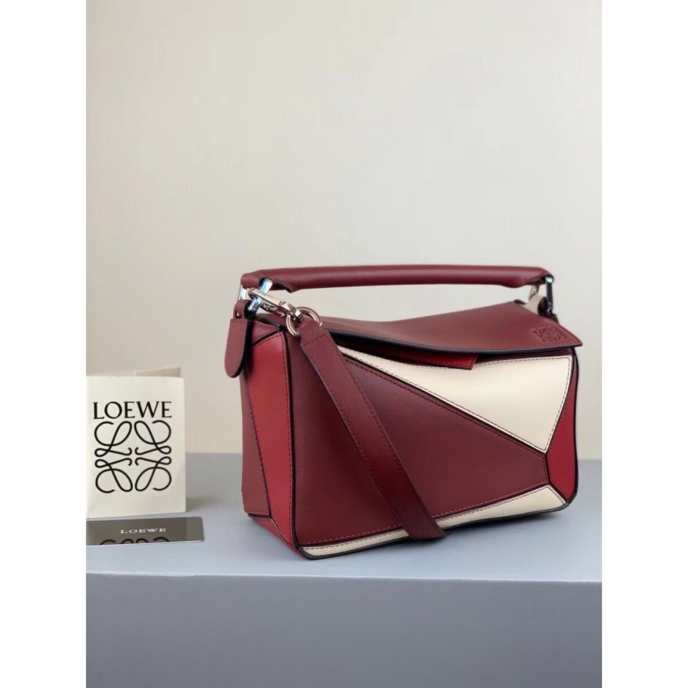 Loewe Small Puzzle Bag In Bordeaux/Garnet/White Calfskin