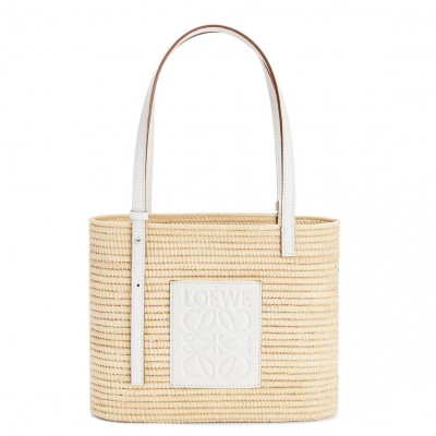 Loewe Small Square Basket Bag in Raffia and White Calfskin