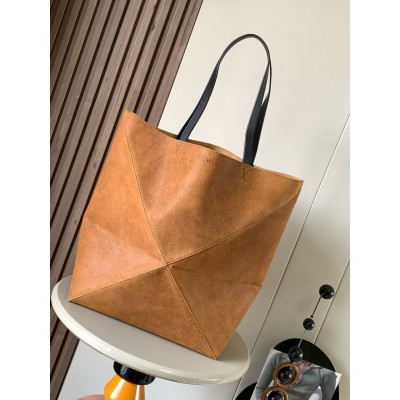 Loewe XL Puzzle Fold Tote Bag in Brown Suede Calfskin